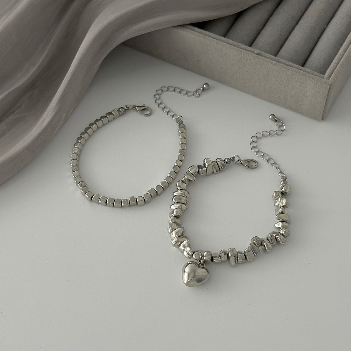 Geometric Heart Pendant Irregular Square Beaded Bracelet Set