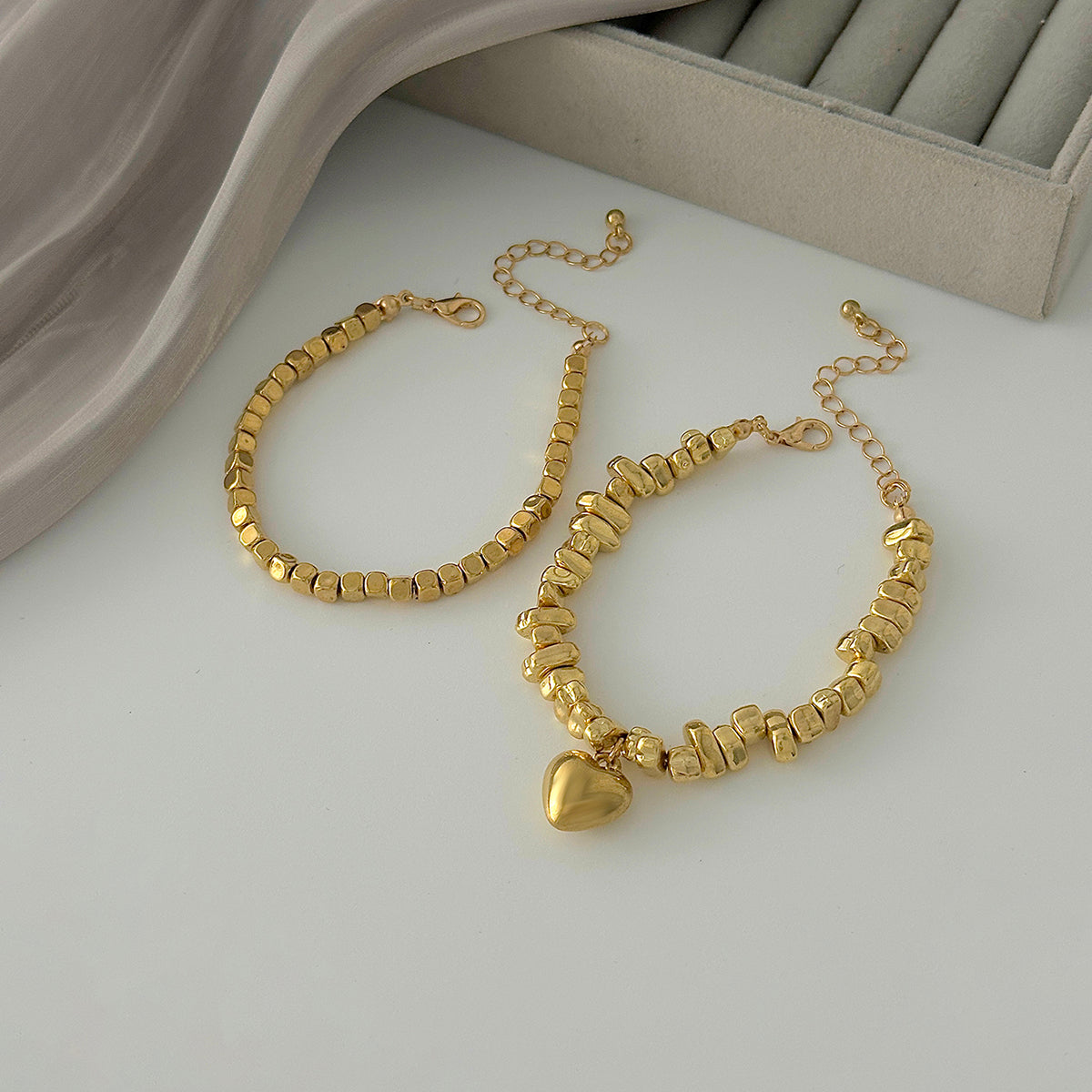 Geometric Heart Pendant Irregular Square Beaded Bracelet Set