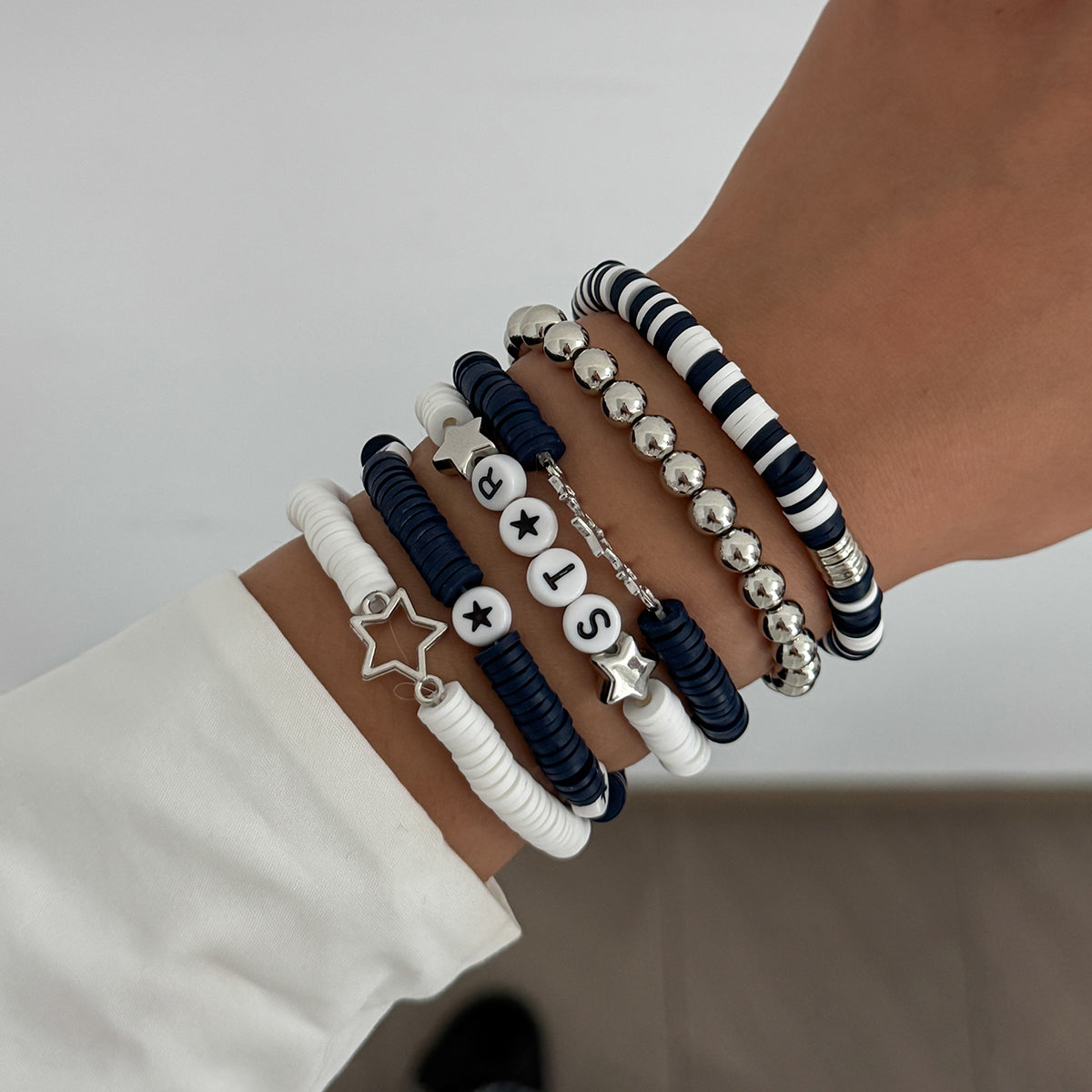 Black and White Layered Star Letter Charm Polymer Clay Beaded Bracelet Set