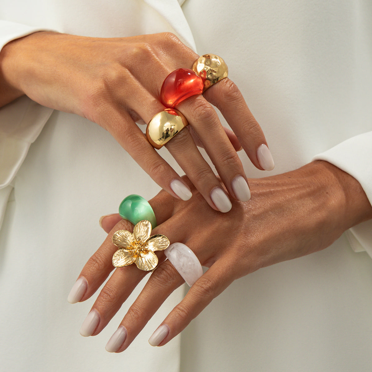 Boho Flower Ring Set 6pcs - Chunky Gradient Resin Statement Rings