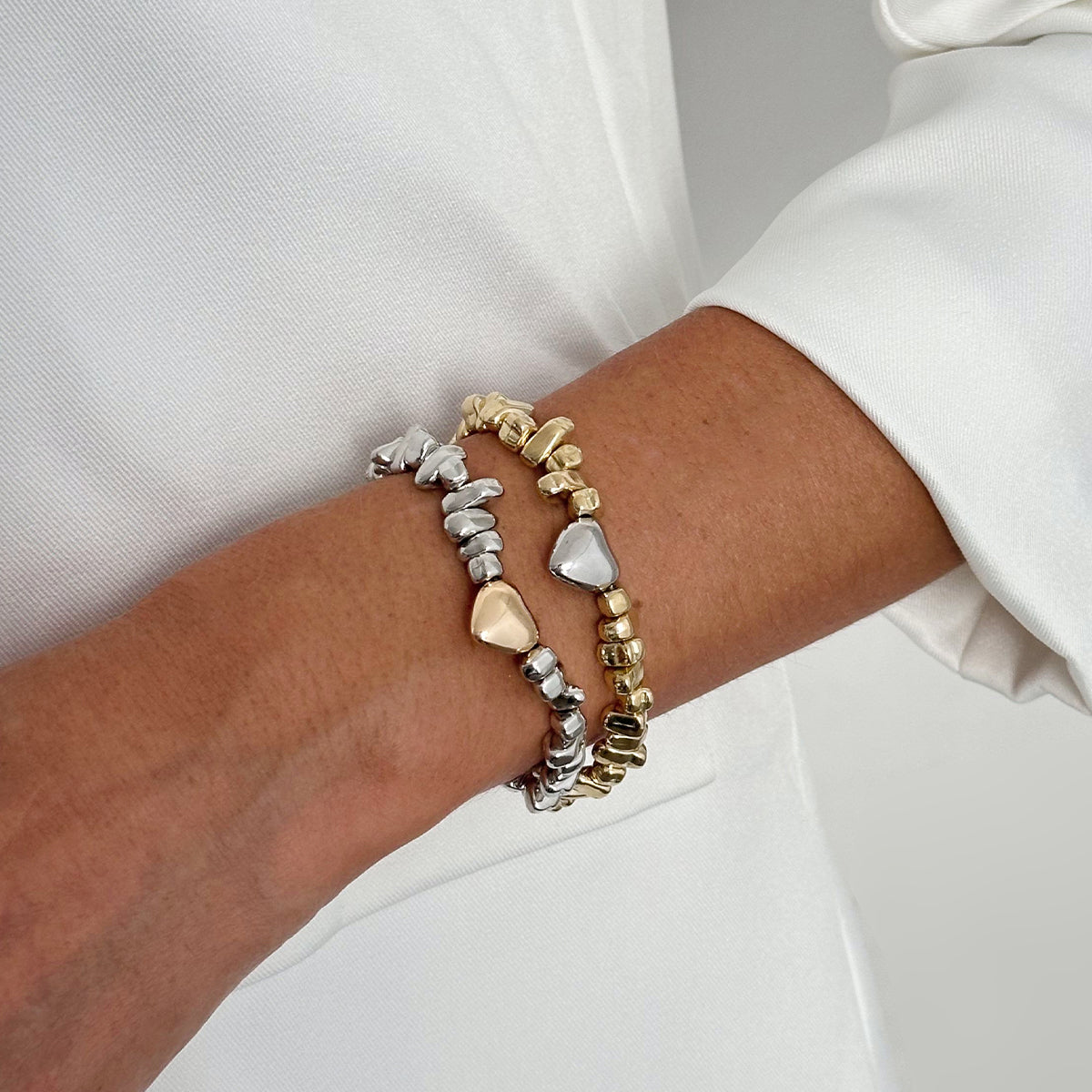 Stylish Two Tone Heart Charm Irregular Beaded Bracelet Set