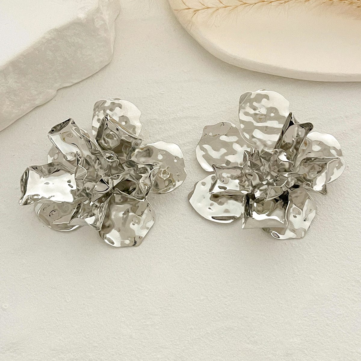 Abstract Chunky Gold Silver Tone Pleated Flower Earrings