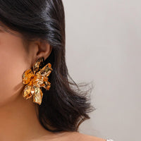 Thumbnail for Abstract Chunky Gold Silver Tone Pleated Flower Earrings