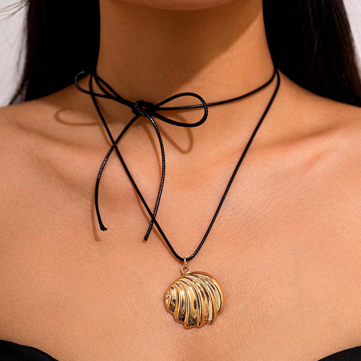 Abstract Metallic Shell Pendant Wax Cord String Necklace - ArtGalleryZen