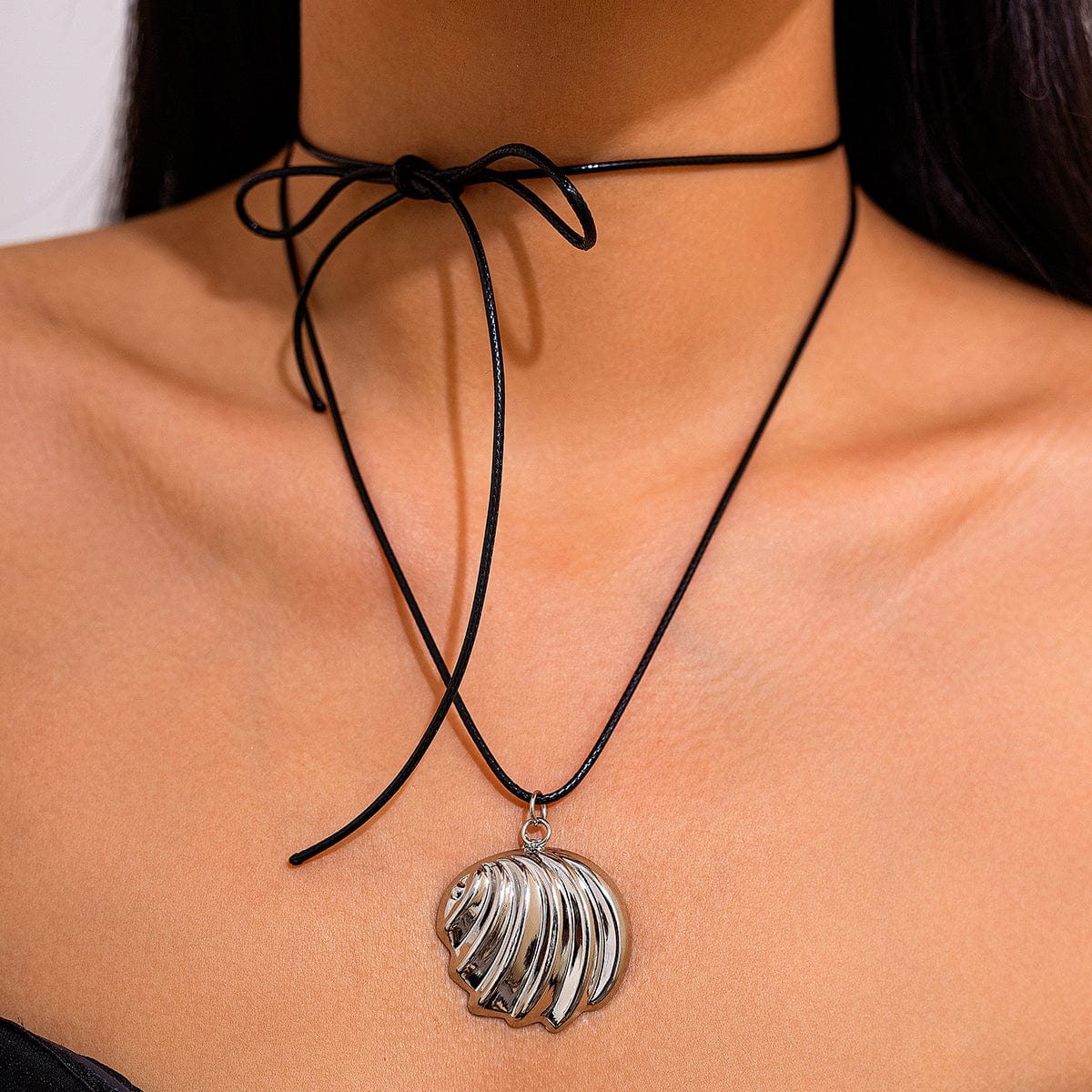 Abstract Metallic Shell Pendant Wax Cord String Necklace