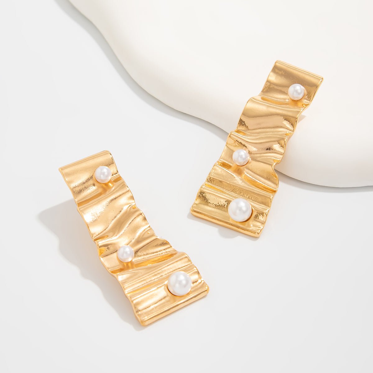 Abstract Pleated Ribbon Pearl Stud Earrings - ArtGalleryZen