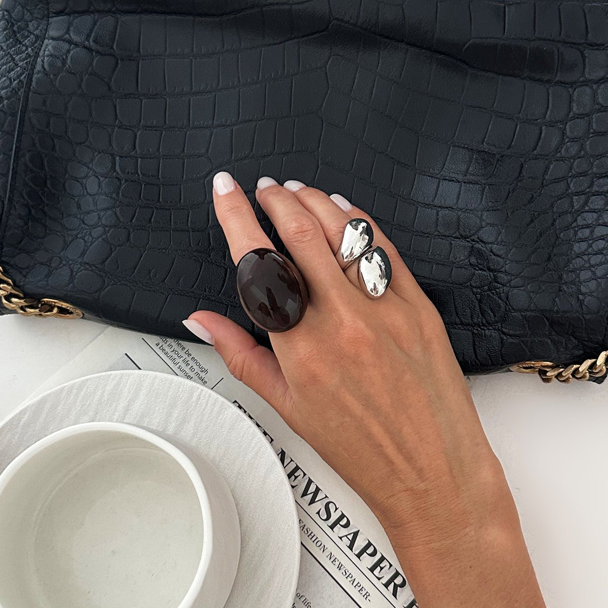 Amber Resin Ring Set 2pcs - Waterdrop Statement Rings for Women - ArtGalleryZen