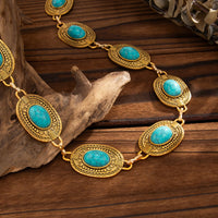 Thumbnail for Antique Gold Plated Turquoise Inlaid Carved Oval Disk Waist Chain - ArtGalleryZen