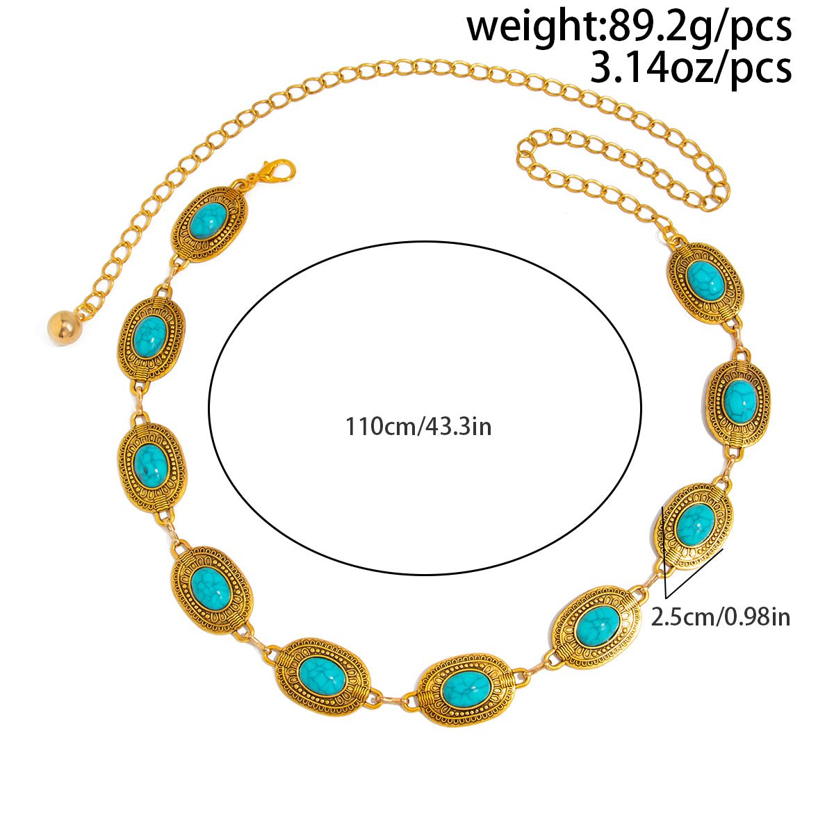 Antique Gold Plated Turquoise Inlaid Carved Oval Disk Waist Chain - ArtGalleryZen