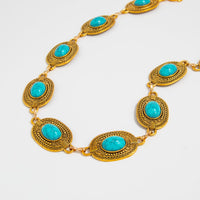 Thumbnail for Antique Gold Plated Turquoise Inlaid Carved Oval Disk Waist Chain - ArtGalleryZen