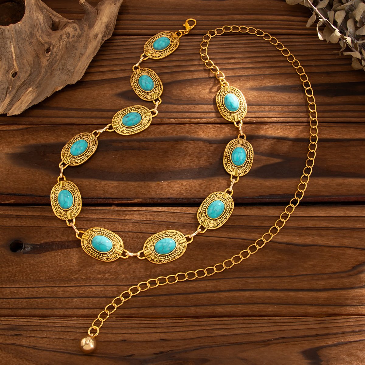 Antique Gold Plated Turquoise Inlaid Carved Oval Disk Waist Chain - ArtGalleryZen