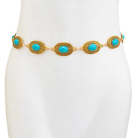 Thumbnail for Antique Gold Plated Turquoise Inlaid Carved Oval Disk Waist Chain - ArtGalleryZen