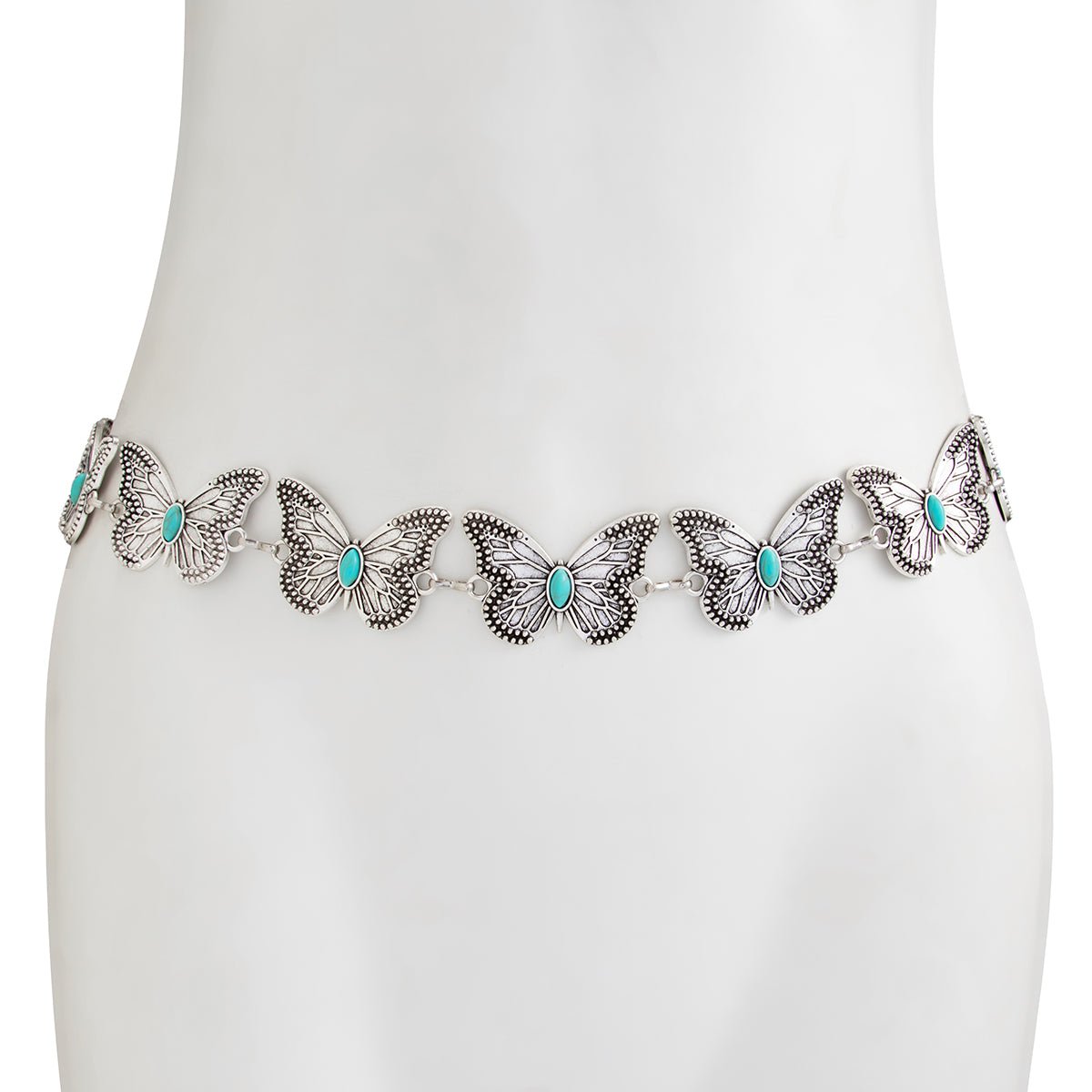 Antique Gold Silver Plated Turquoise Inlaid Butterfly Waist Chain - ArtGalleryZen