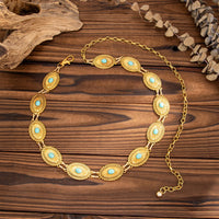 Thumbnail for Antique Gold Silver Plated Turquoise Inlaid Floral Oval Disk Waist Chain - ArtGalleryZen