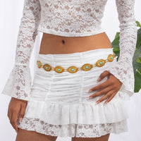 Thumbnail for Antique Gold Silver Plated Turquoise Inlaid Floral Oval Disk Waist Chain - ArtGalleryZen