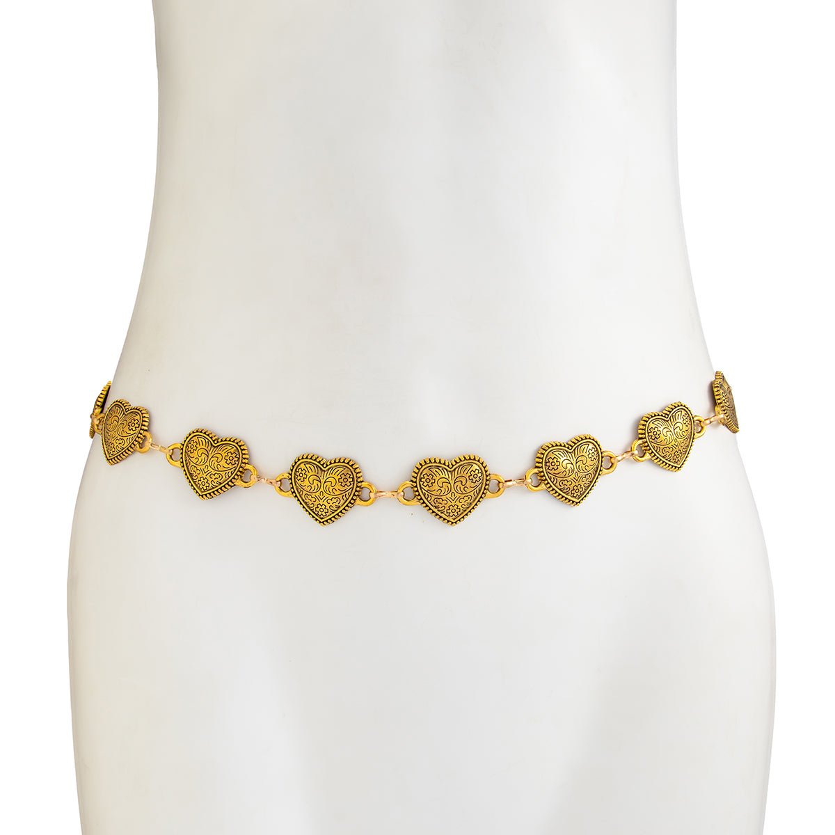 Antique Gold Silver Tone Carved Heart Waist Chain - ArtGalleryZen
