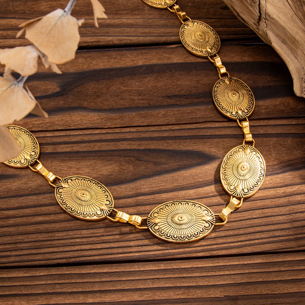 Antique Gold Silver Tone Carved Oval Disk Waist Chain - ArtGalleryZen