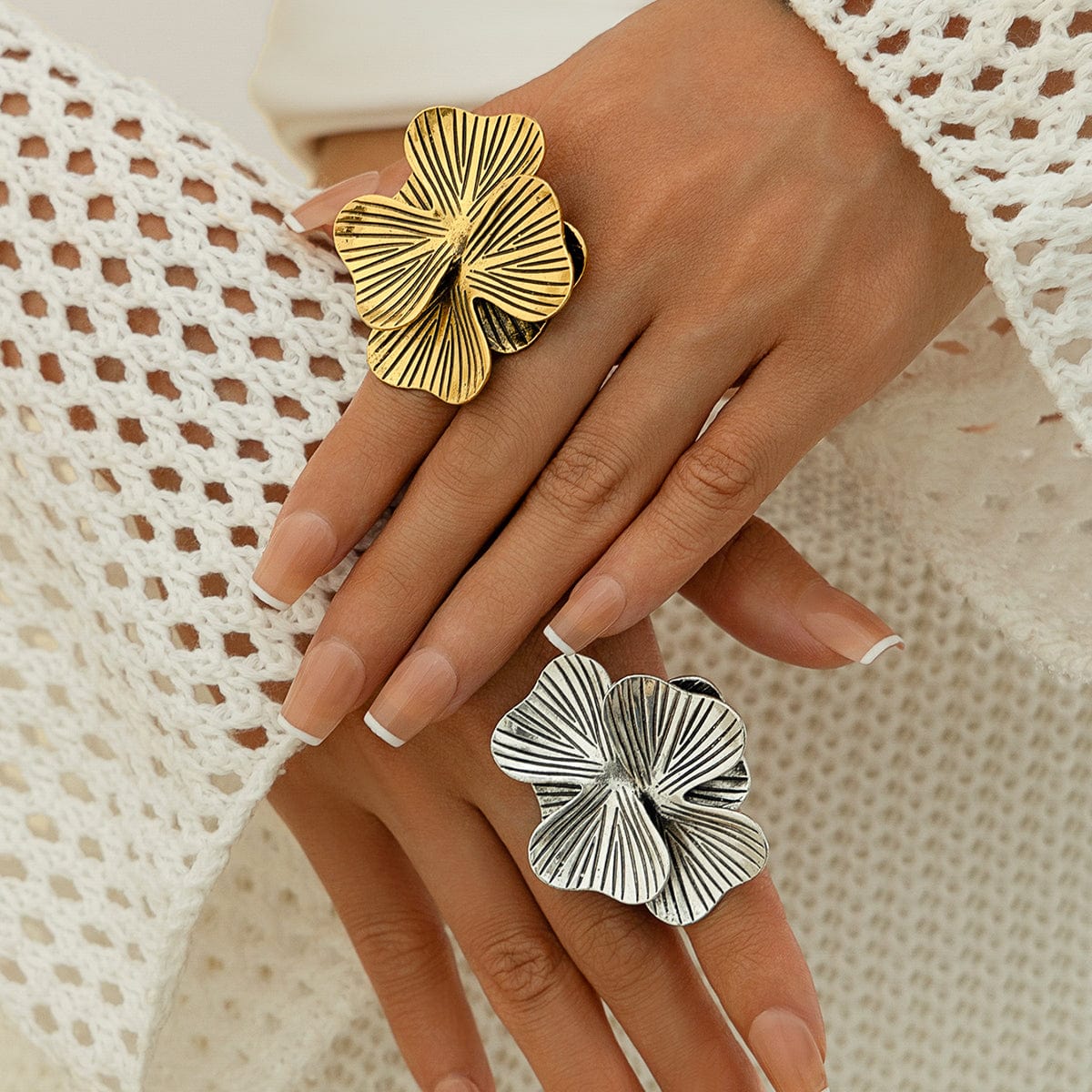 Antique Gold Silver Tone Chunky Textured Flower Ring - ArtGalleryZen