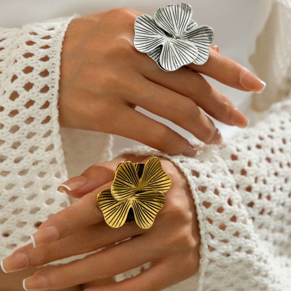 Antique Gold Silver Tone Chunky Textured Flower Ring - ArtGalleryZen