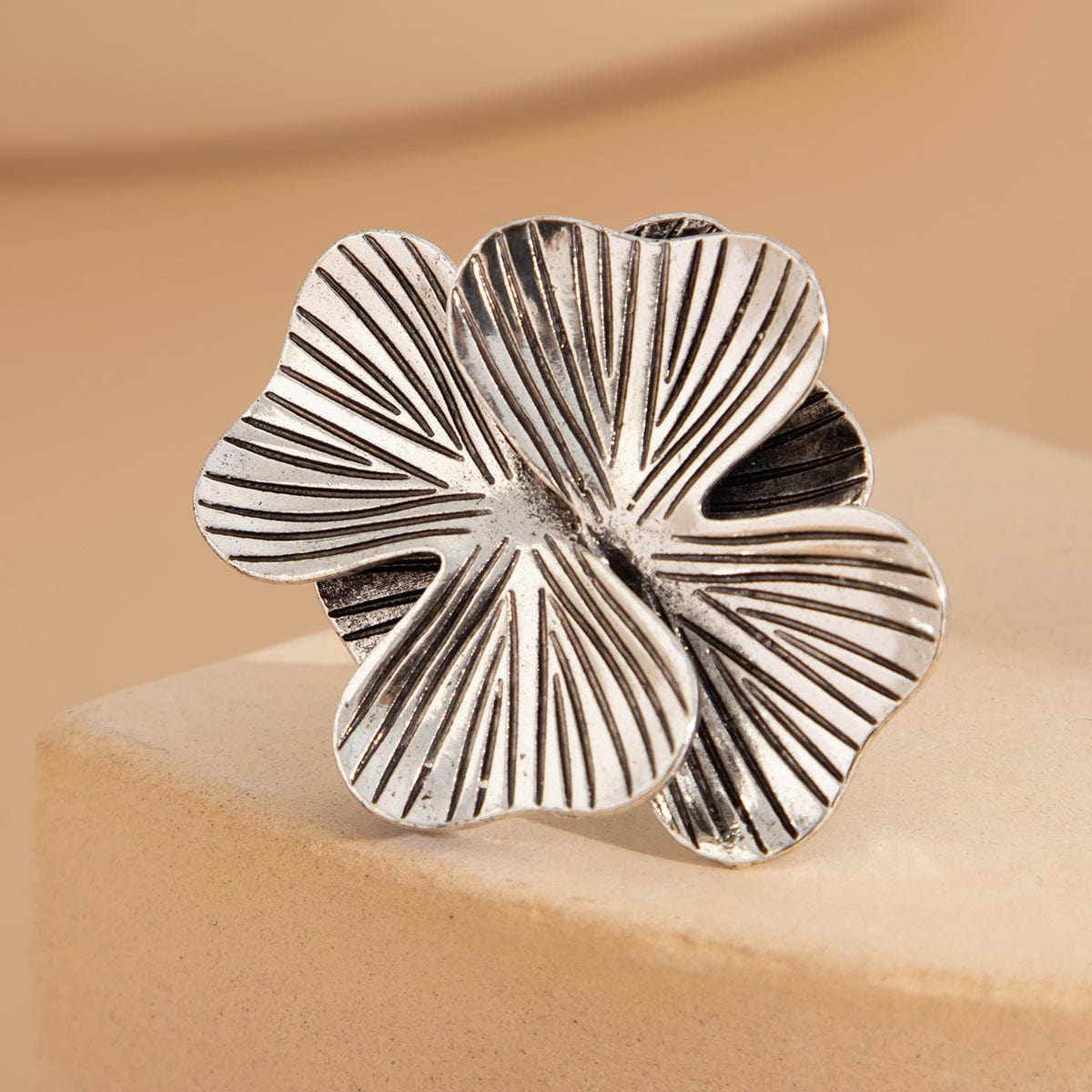 Antique Gold Silver Tone Chunky Textured Flower Ring - ArtGalleryZen