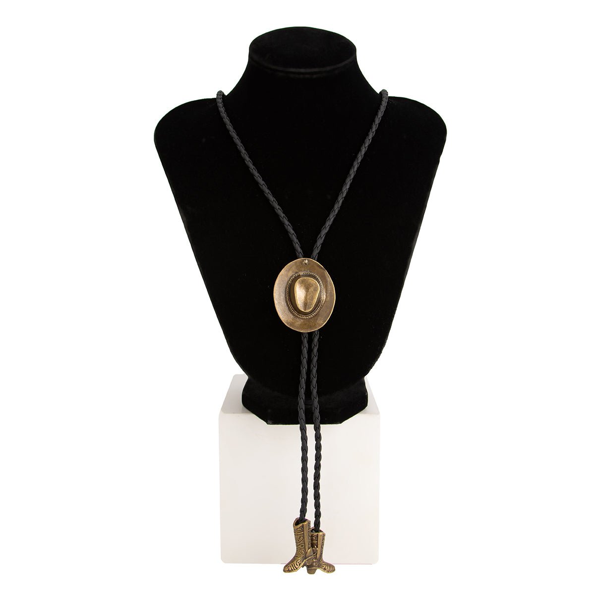 Antique Gold Silver Tone Cowboy Hat Boots Charm PU String Y Necklace - ArtGalleryZen