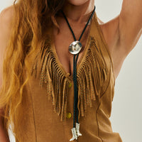 Thumbnail for Antique Gold Silver Tone Cowboy Hat Boots Charm PU String Y Necklace - ArtGalleryZen