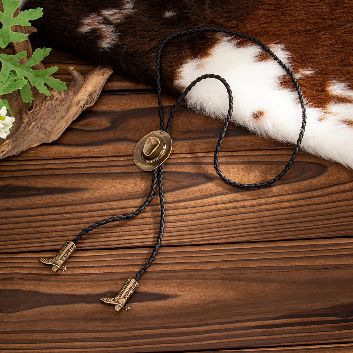 Antique Gold Silver Tone Cowboy Hat Boots Charm PU String Y Necklace - ArtGalleryZen