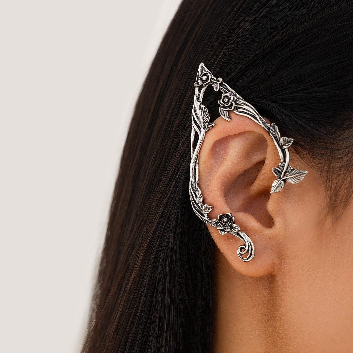 Antique Gold Silver Tone Floral Leaf Ear Cuff Climber Crawler Wrap Earrings - ArtGalleryZen