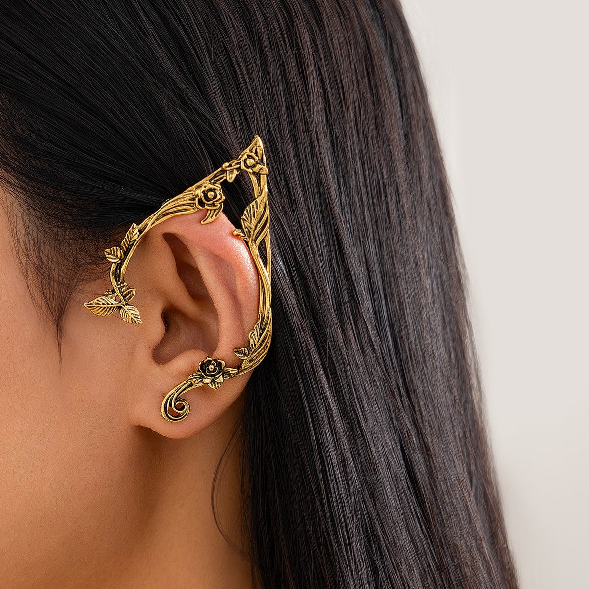 Antique Gold Silver Tone Floral Leaf Ear Cuff Climber Crawler Wrap Earrings