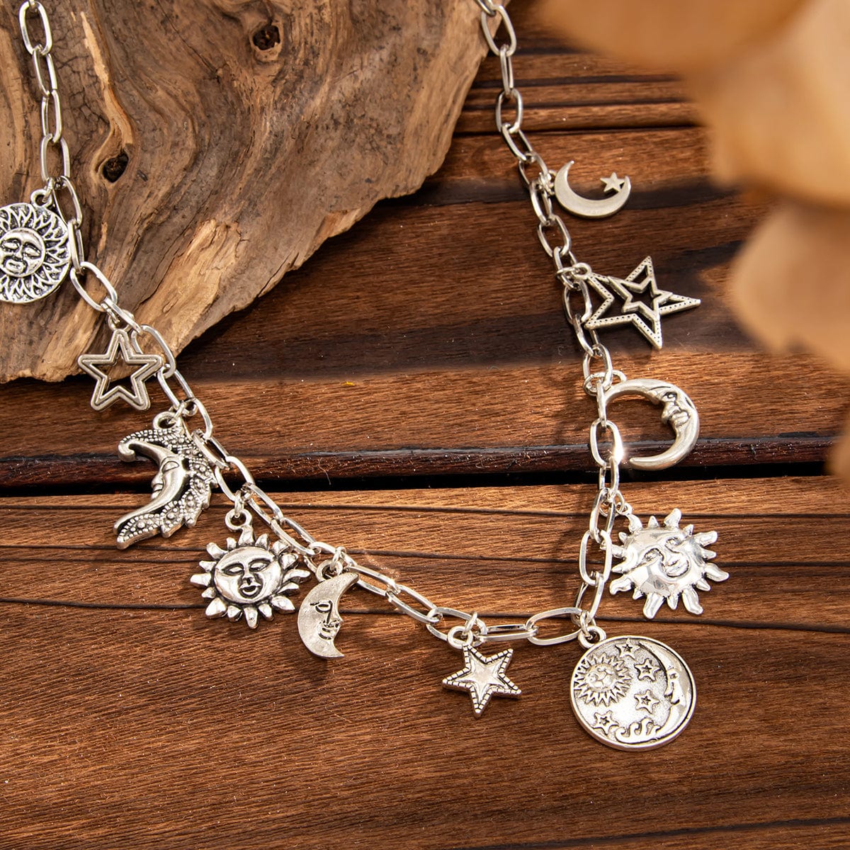 Antique Gold Silver Tone Sun Moon Star Pendant Necklace - ArtGalleryZen