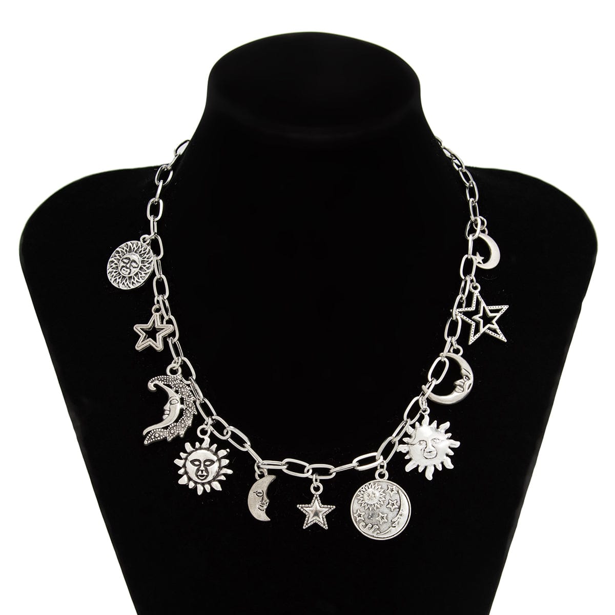 Antique Gold Silver Tone Sun Moon Star Pendant Necklace - ArtGalleryZen