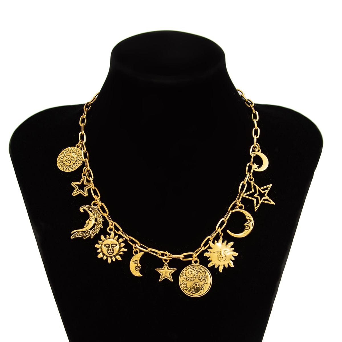 Antique Gold Silver Tone Sun Moon Star Pendant Necklace - ArtGalleryZen