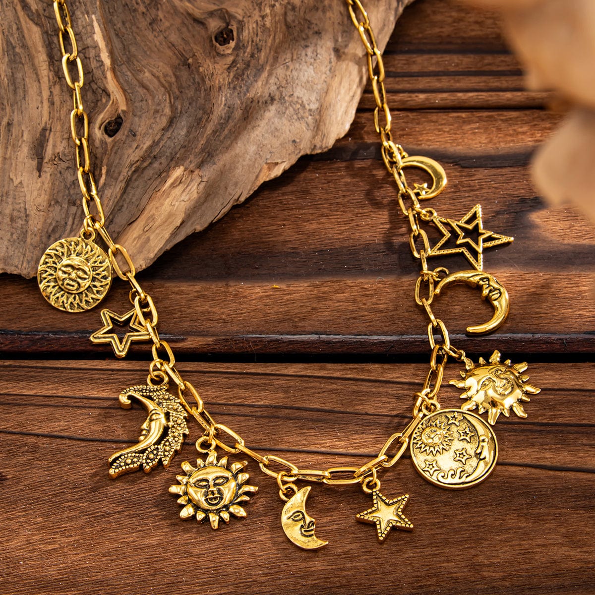 Antique Gold Silver Tone Sun Moon Star Pendant Necklace - ArtGalleryZen