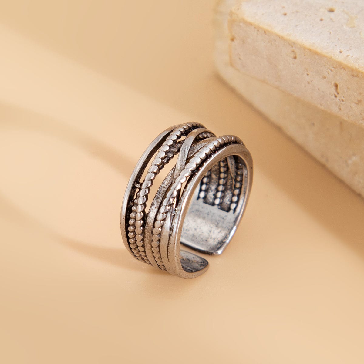 Antique Silver Layered Pattern Open Ring