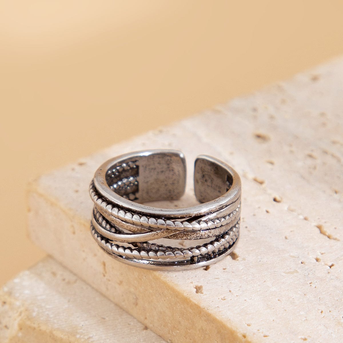 Antique Silver Layered Pattern Open Ring