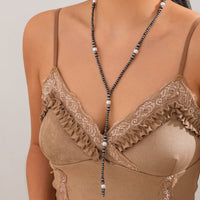 Thumbnail for Antique Silver Pearl Beaded Long Chain Y Necklace - ArtGalleryZen