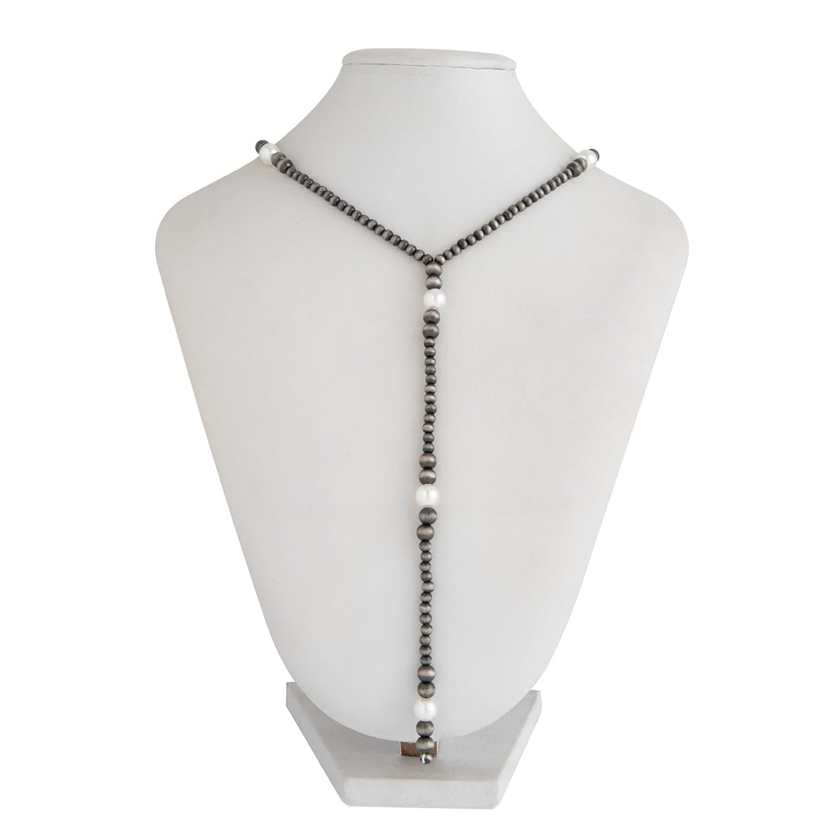 Antique Silver Pearl Beaded Long Chain Y Necklace - ArtGalleryZen
