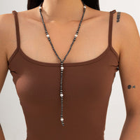 Thumbnail for Antique Silver Pearl Beaded Long Chain Y Necklace - ArtGalleryZen