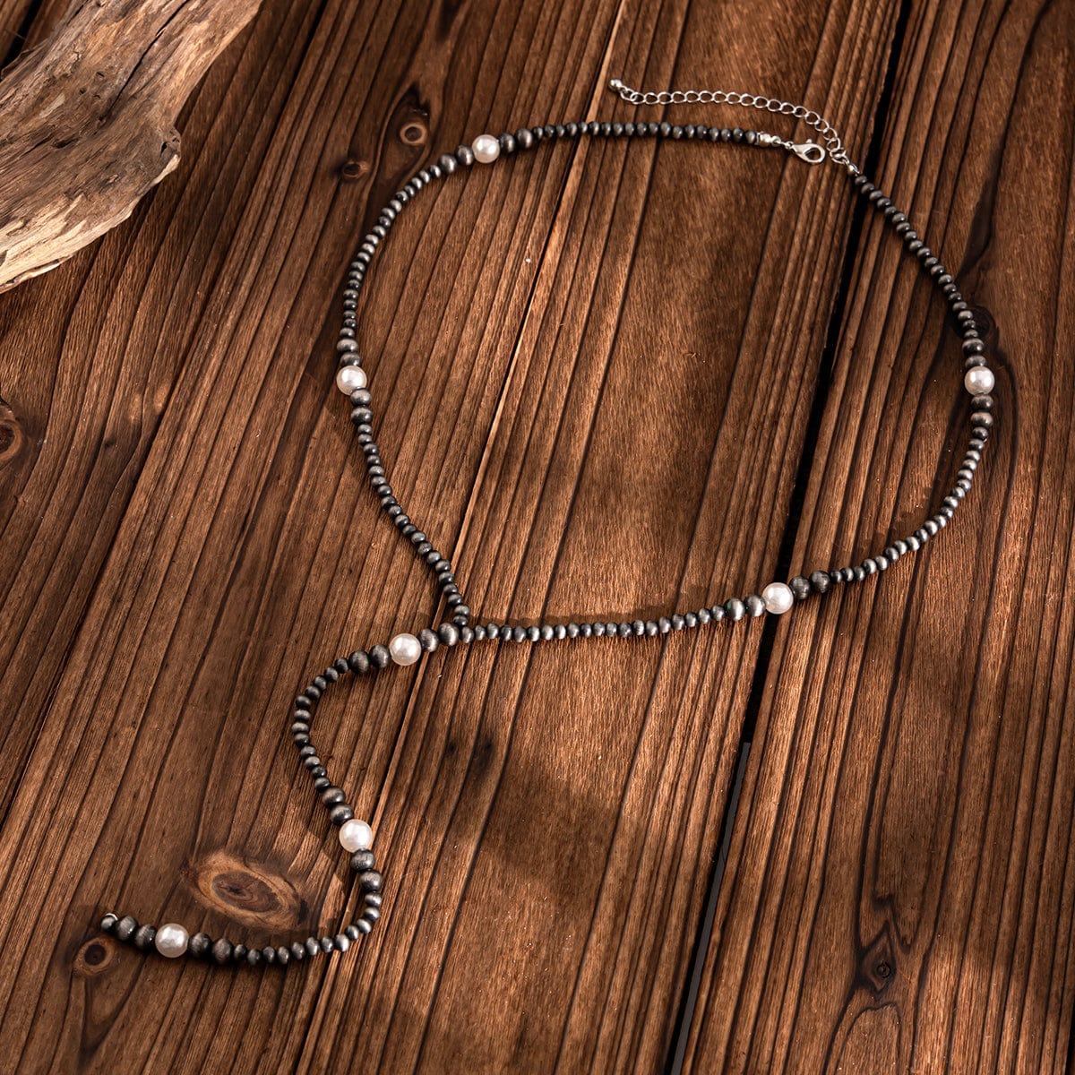 Antique Silver Pearl Beaded Long Chain Y Necklace