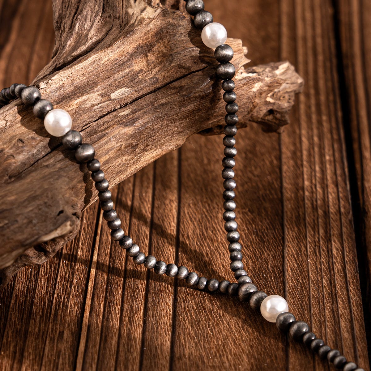 Antique Silver Pearl Beaded Long Chain Y Necklace