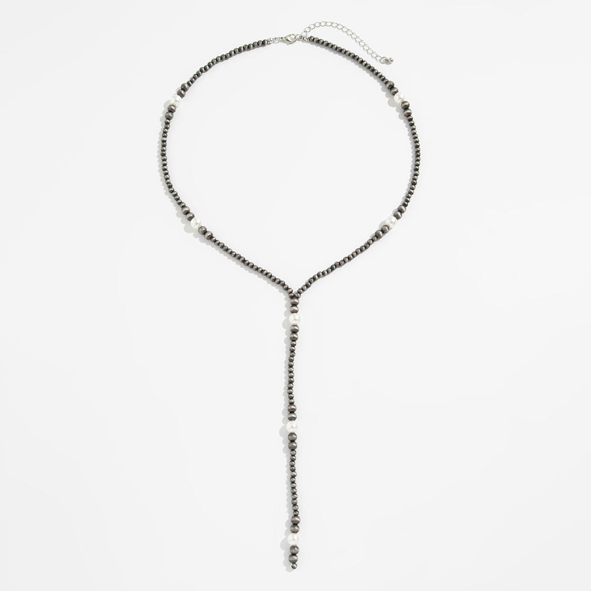 Antique Silver Pearl Beaded Long Chain Y Necklace
