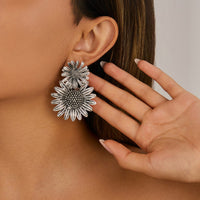 Thumbnail for Antique Silver Sunflower Dangle Earrings - ArtGalleryZen