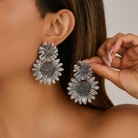 Thumbnail for Antique Silver Sunflower Dangle Earrings - ArtGalleryZen
