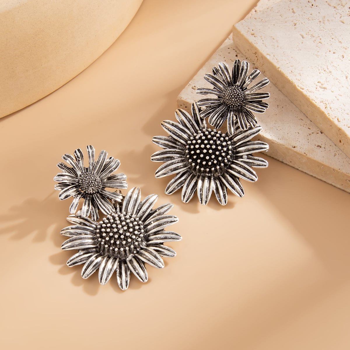 Antique Silver Sunflower Dangle Earrings - ArtGalleryZen