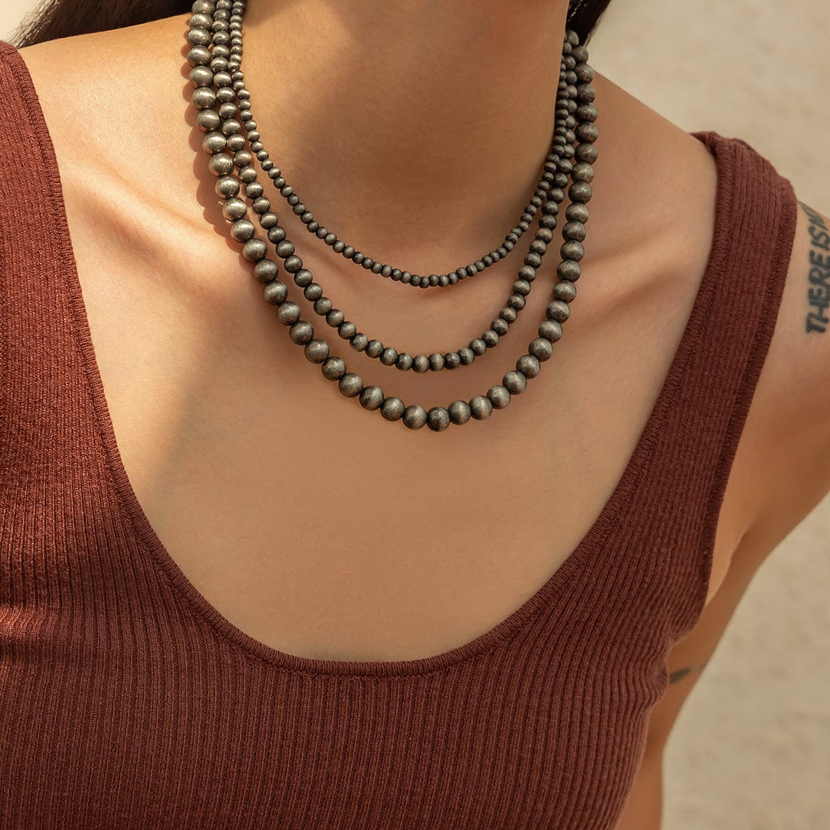Antique Silver Tone 3pcs Beaded Chain Stackable Necklace Set - ArtGalleryZen