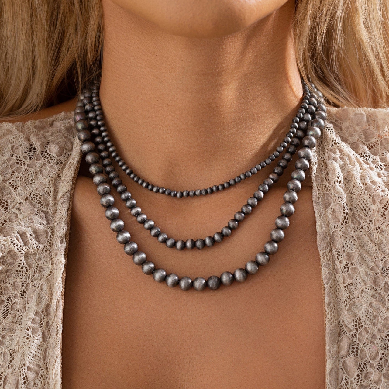 Antique Silver Tone 3pcs Beaded Chain Stackable Necklace Set - ArtGalleryZen