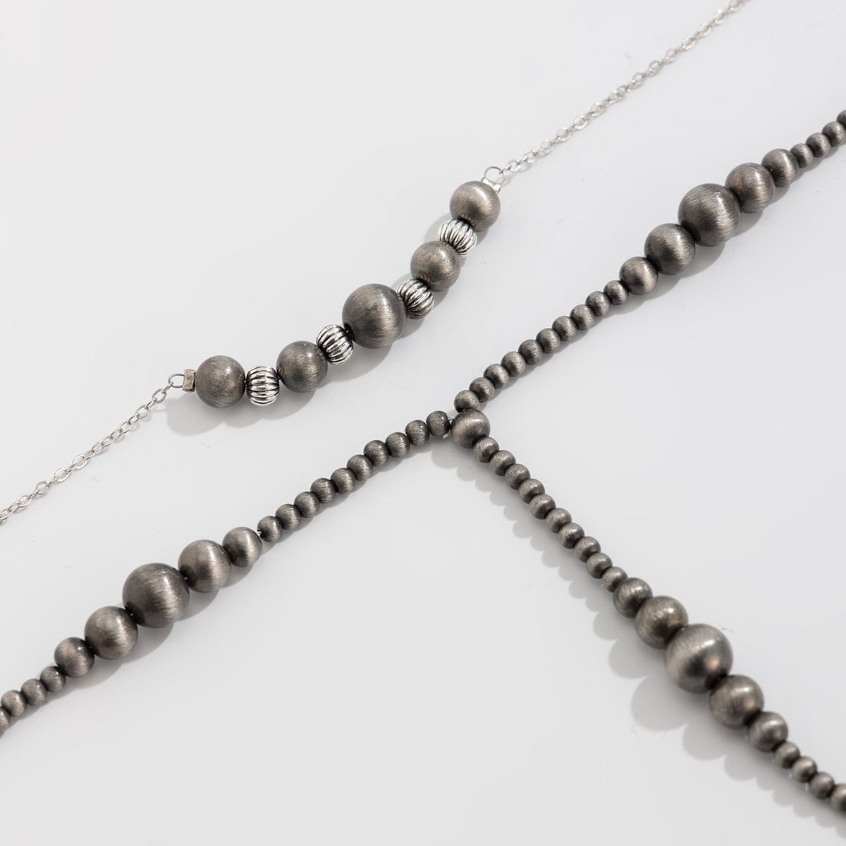 Antique Silver Tone Layered Beaded Chain Y Necklace Set - ArtGalleryZen