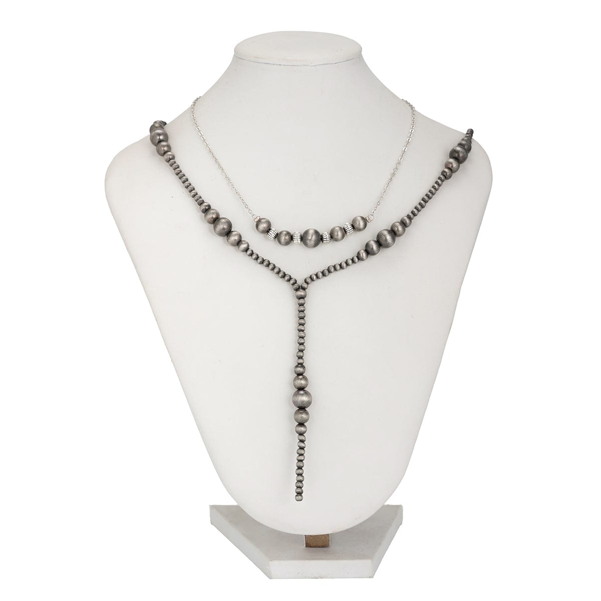 Antique Silver Tone Layered Beaded Chain Y Necklace Set - ArtGalleryZen