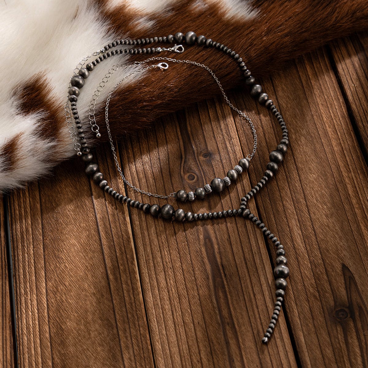 Antique Silver Tone Layered Beaded Chain Y Necklace Set - ArtGalleryZen