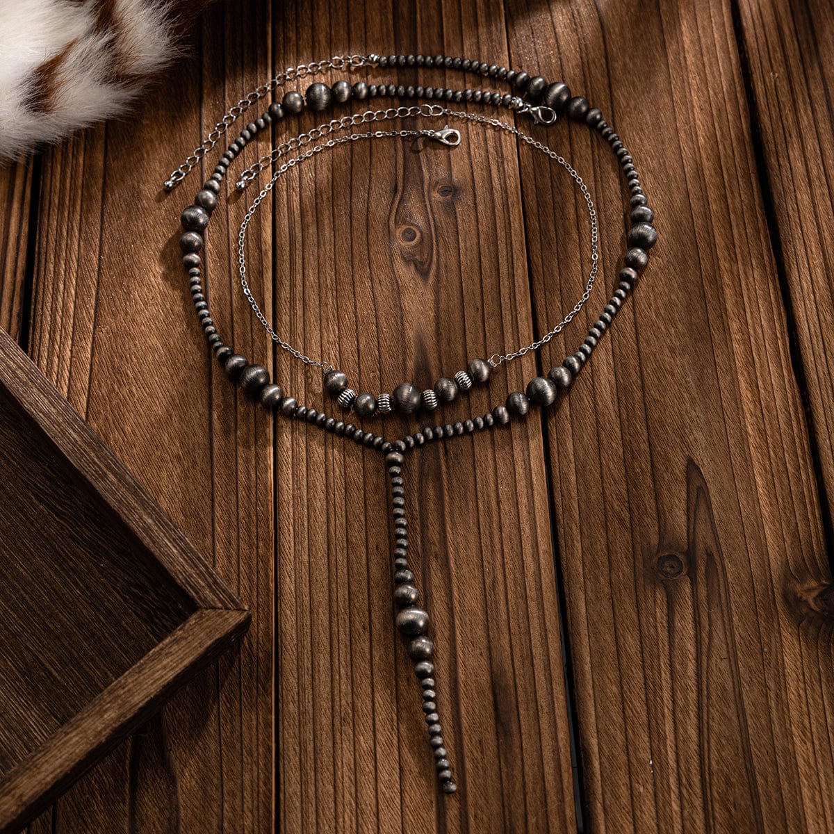 Antique Silver Tone Layered Beaded Chain Y Necklace Set - ArtGalleryZen